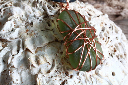 Copper Wire Green Sea Glass Pendant