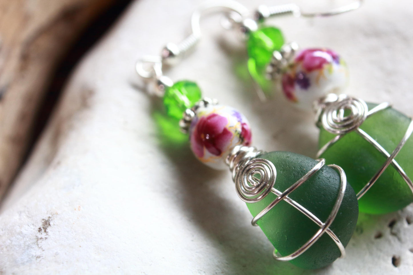 Green Floral Sea Glass Earrings