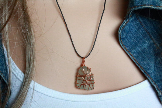 Seafoam & Copper Wire Wrapped Pendant
