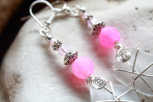Pink and Frosted White Earrings