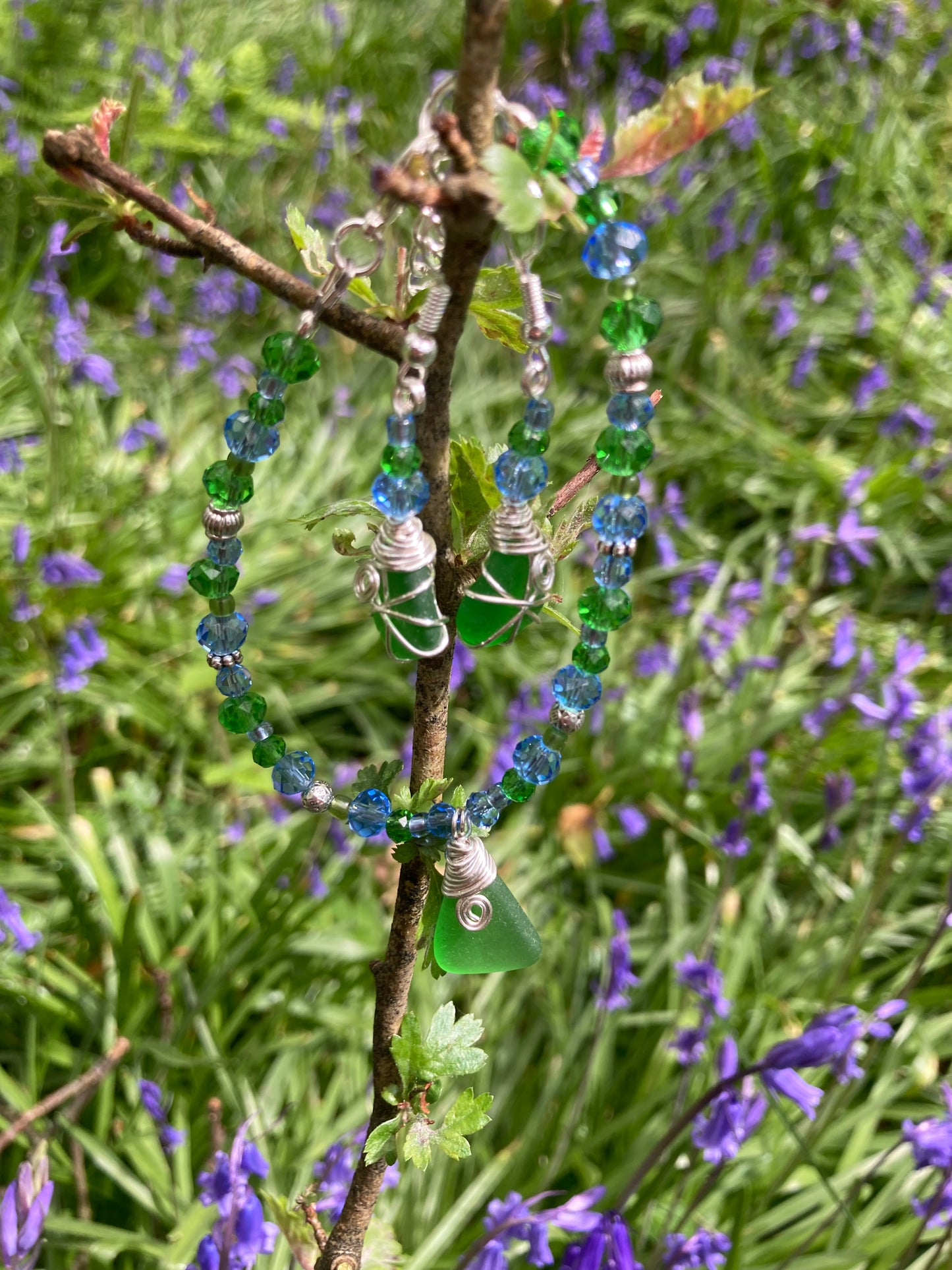 Green and Blue Sea Glass Bracelet & Earring Set, Bluebell Inspired Jewellery Set