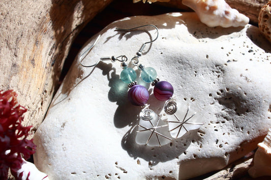 Jade Green Purple Sea Glass Earrings