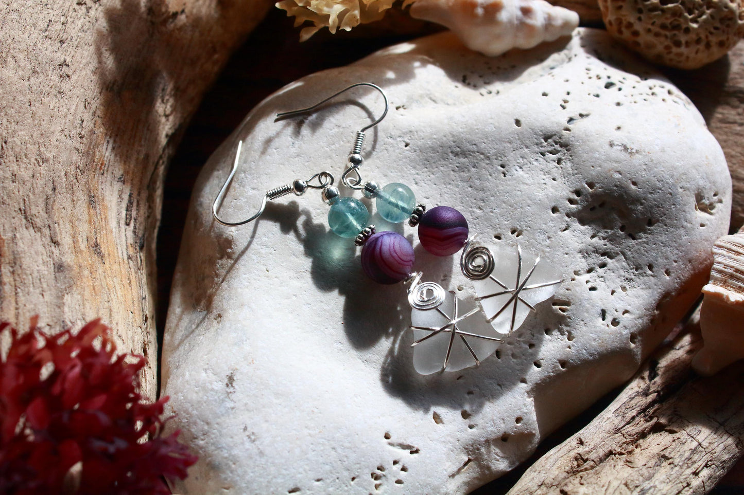 Jade Green Purple Sea Glass Earrings