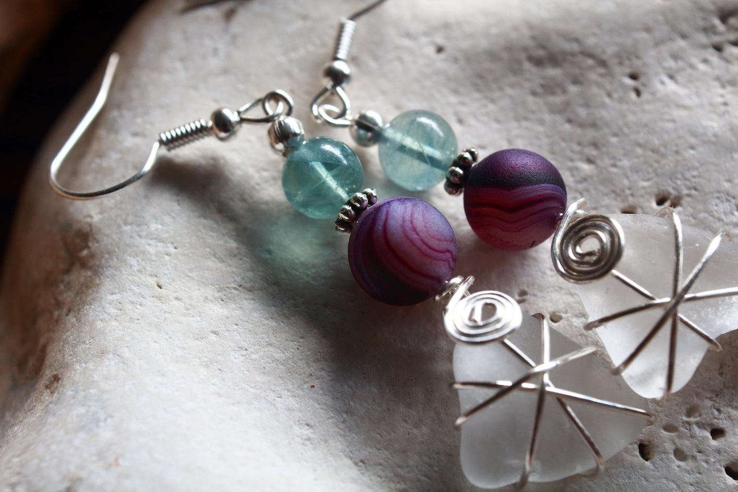 Jade Green Purple Sea Glass Earrings