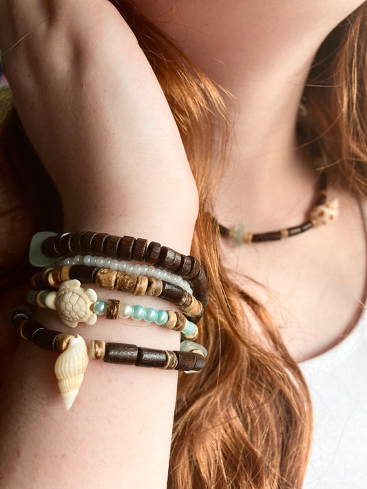 Beaded Sea Glass Stacker Bracelet and Necklace Set