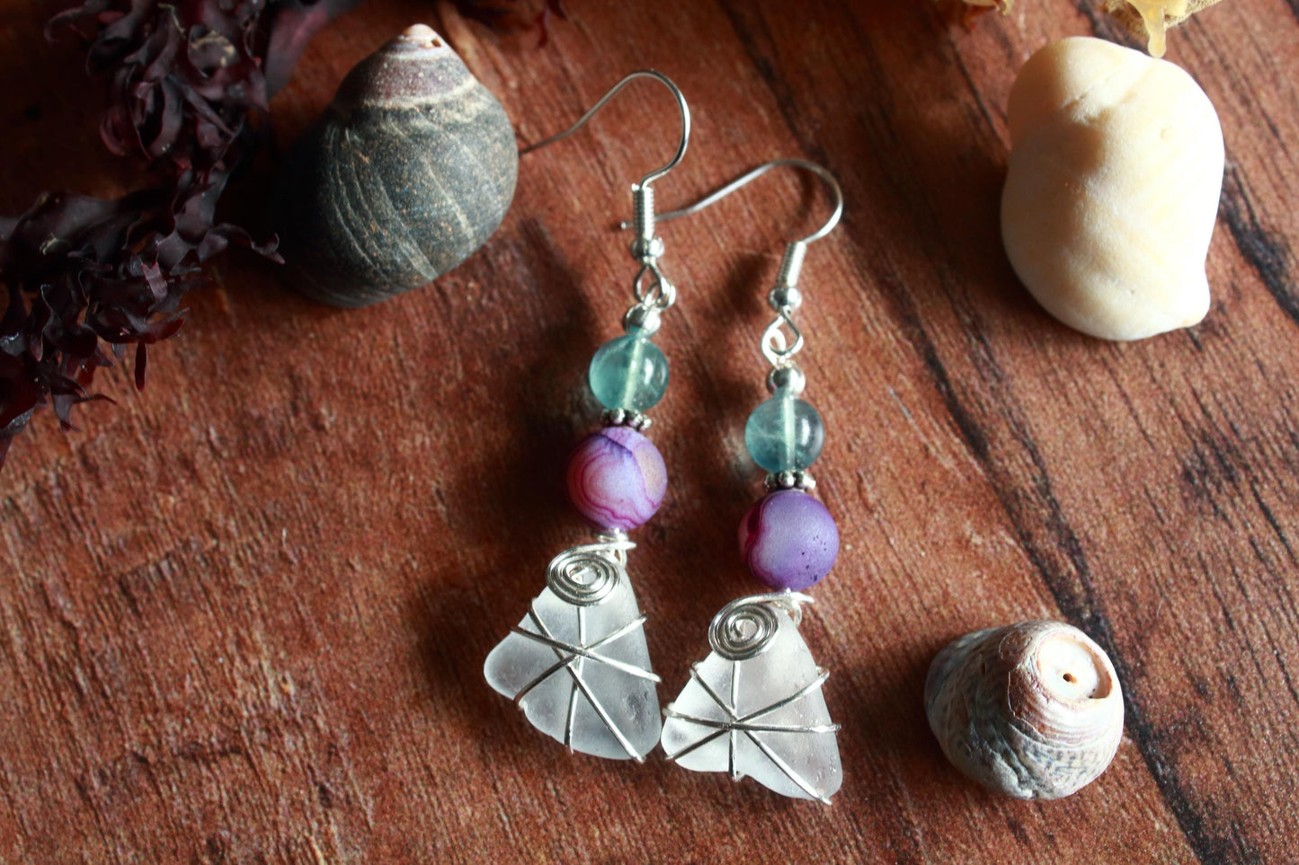 Jade Green Purple Sea Glass Earrings