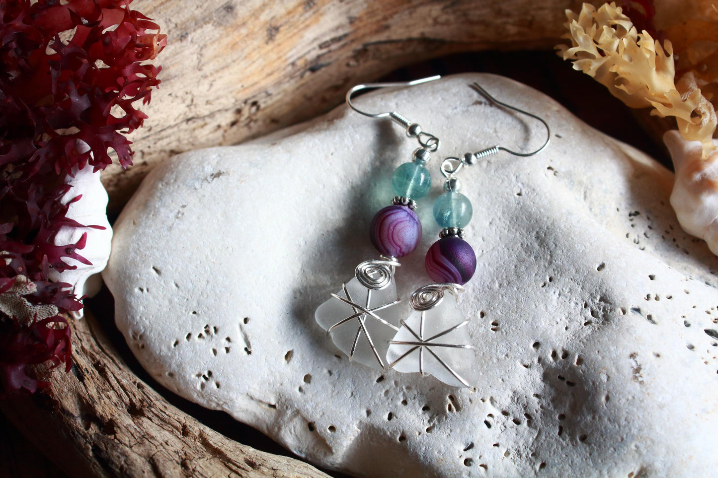Jade Green Purple Sea Glass Earrings