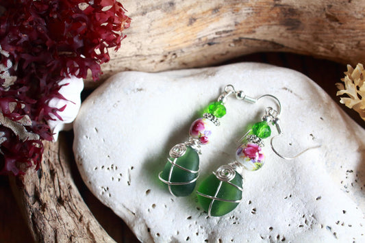 Green Floral Sea Glass Earrings