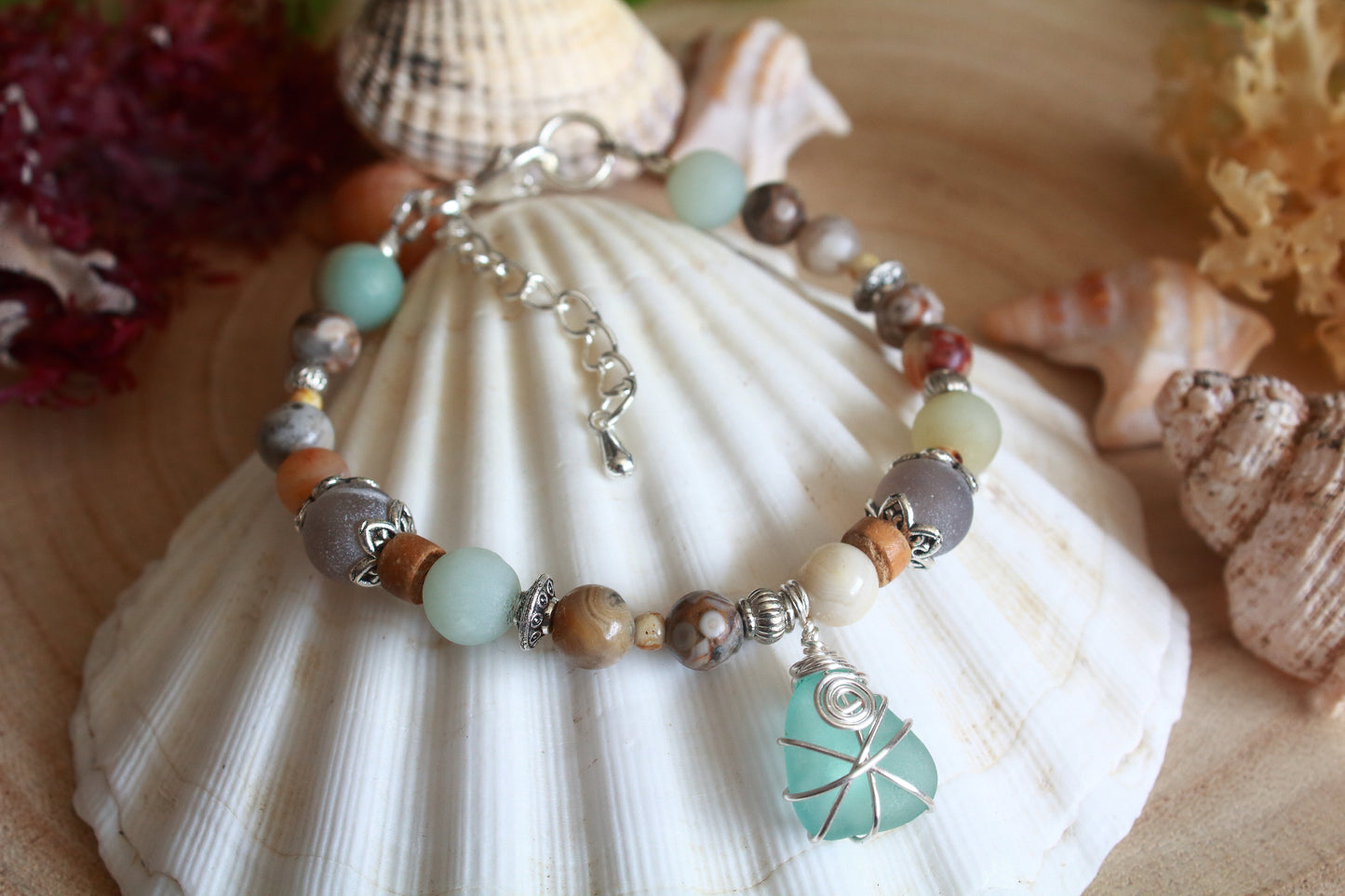 Ocean & Beach Blue Irish Sea Glass Beaded Bracelet
