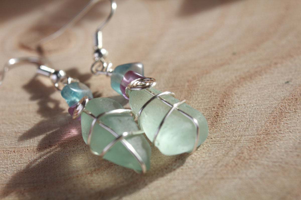 Aqua Irish Sea Glass & Teal Green Beaded Earrings, Boho Irish Jewellery