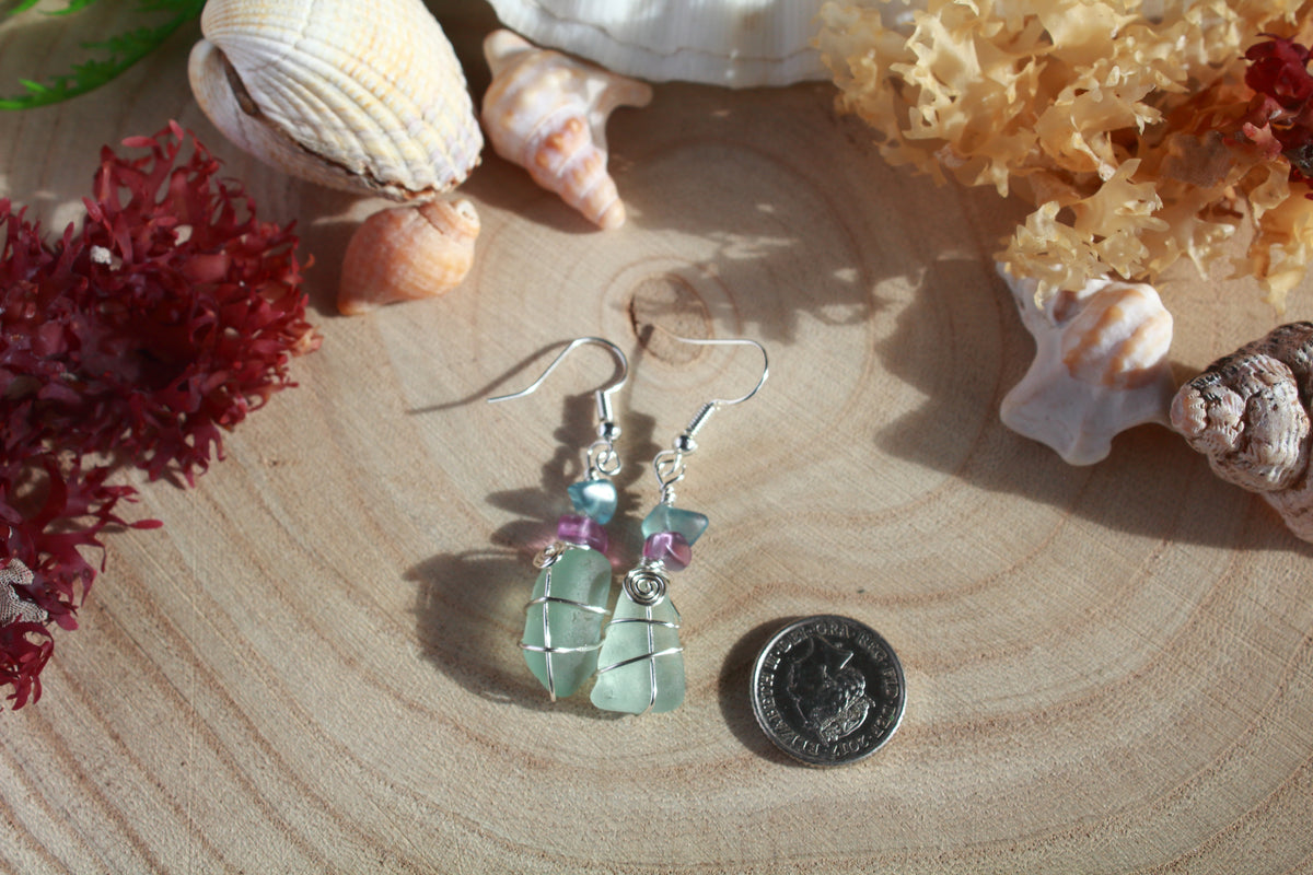 Aqua Irish Sea Glass & Teal Green Beaded Earrings, Boho Irish Jewellery
