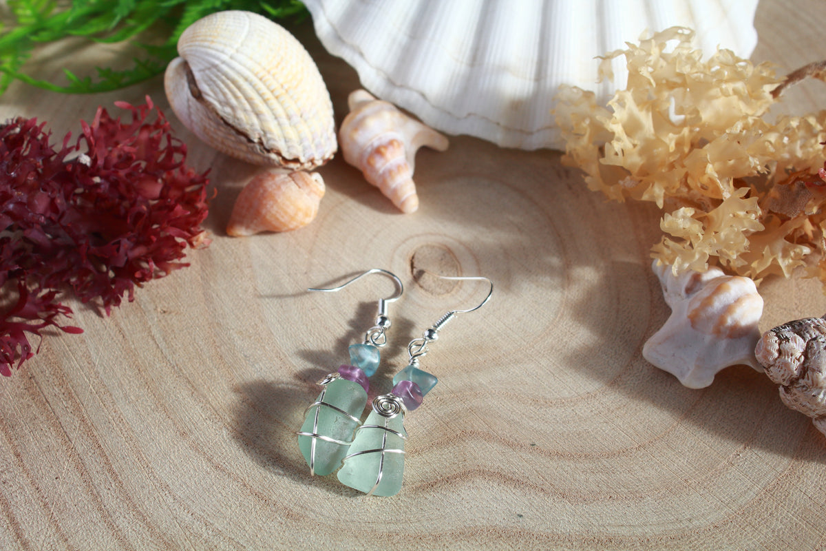Aqua Irish Sea Glass & Teal Green Beaded Earrings, Boho Irish Jewellery