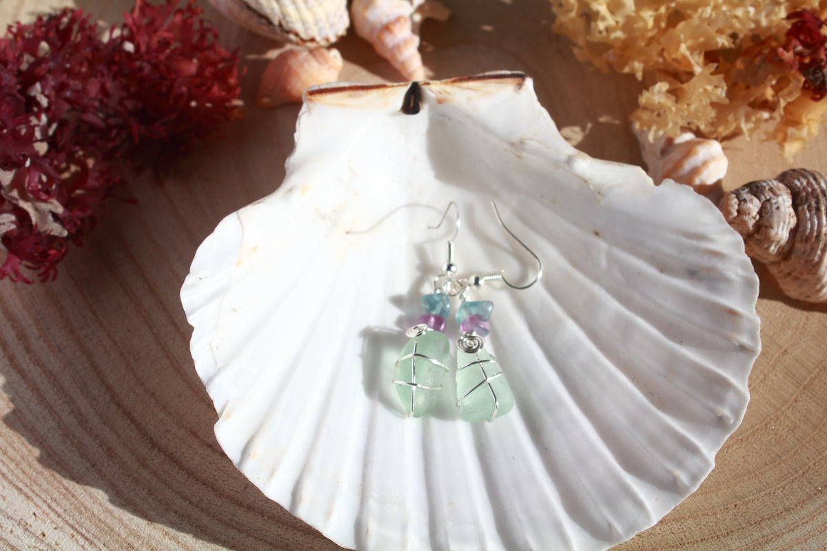 Aqua Irish Sea Glass & Teal Green Beaded Earrings, Boho Irish Jewellery