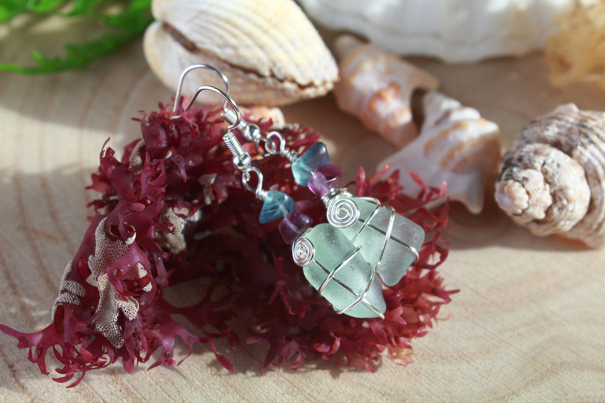 Aqua Irish Sea Glass & Teal Green Beaded Earrings, Boho Irish Jewellery