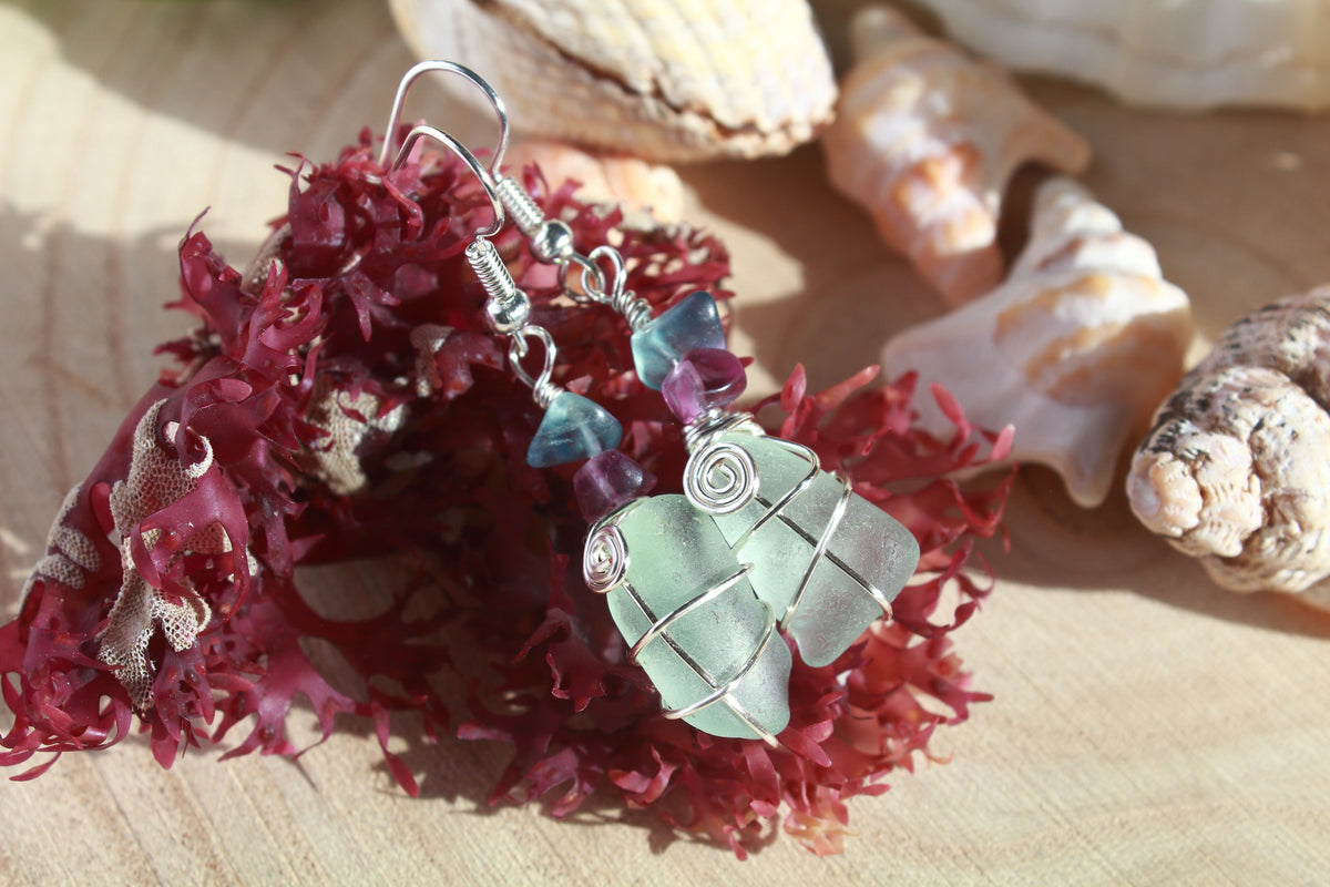 Aqua Irish Sea Glass & Teal Green Beaded Earrings, Boho Irish Jewellery