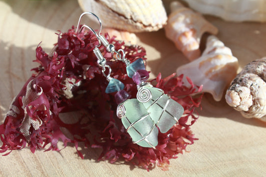 Aqua Irish Sea Glass & Teal Green Beaded Earrings, Boho Irish Jewellery