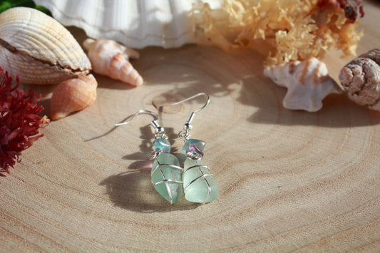 Aqua Irish Sea Glass & Teal Green Beaded Earrings, Boho Irish Jewellery