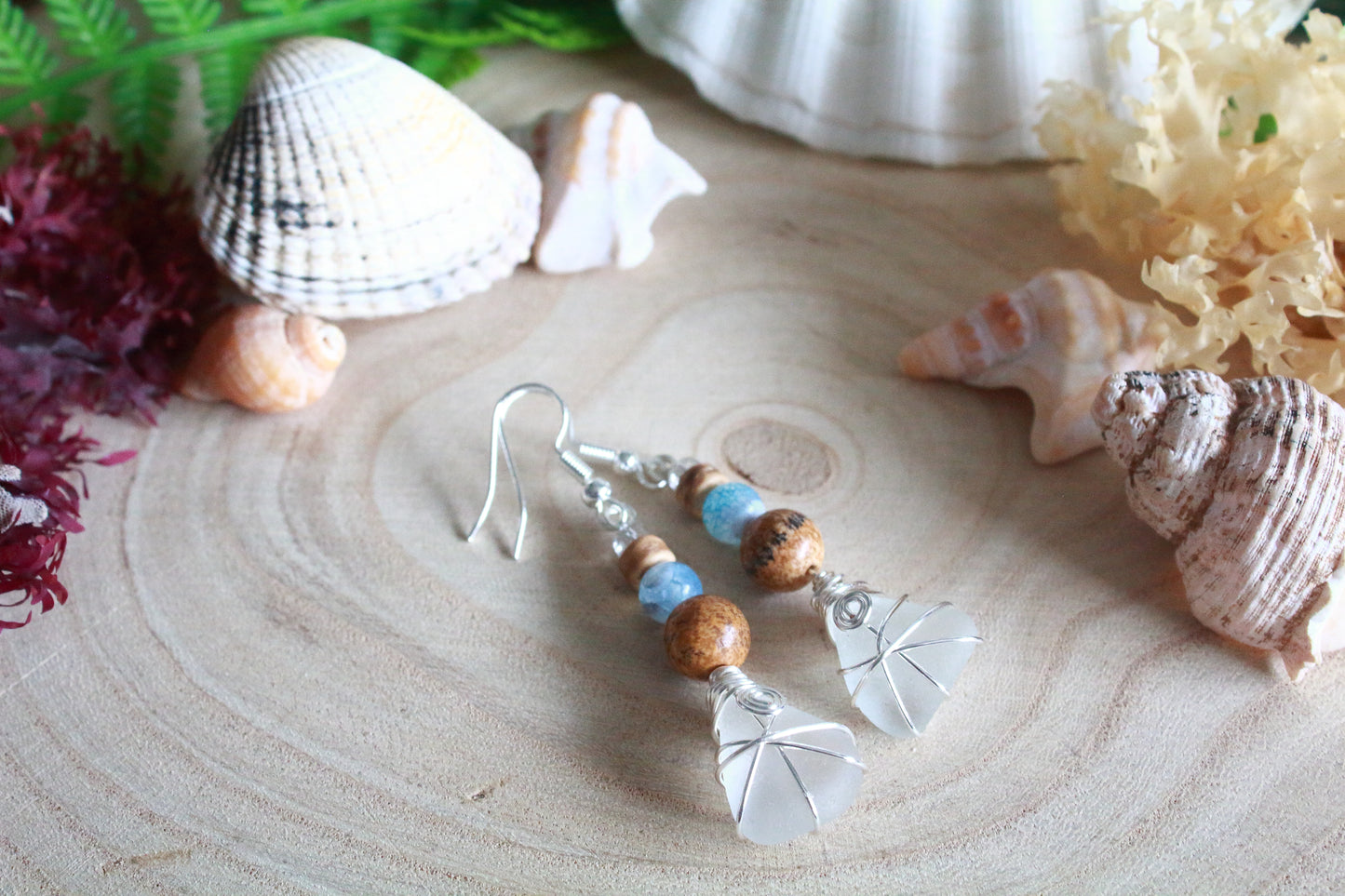 Sea & Sand Frosted White Irish Sea Glass Blue Beaded Earrings