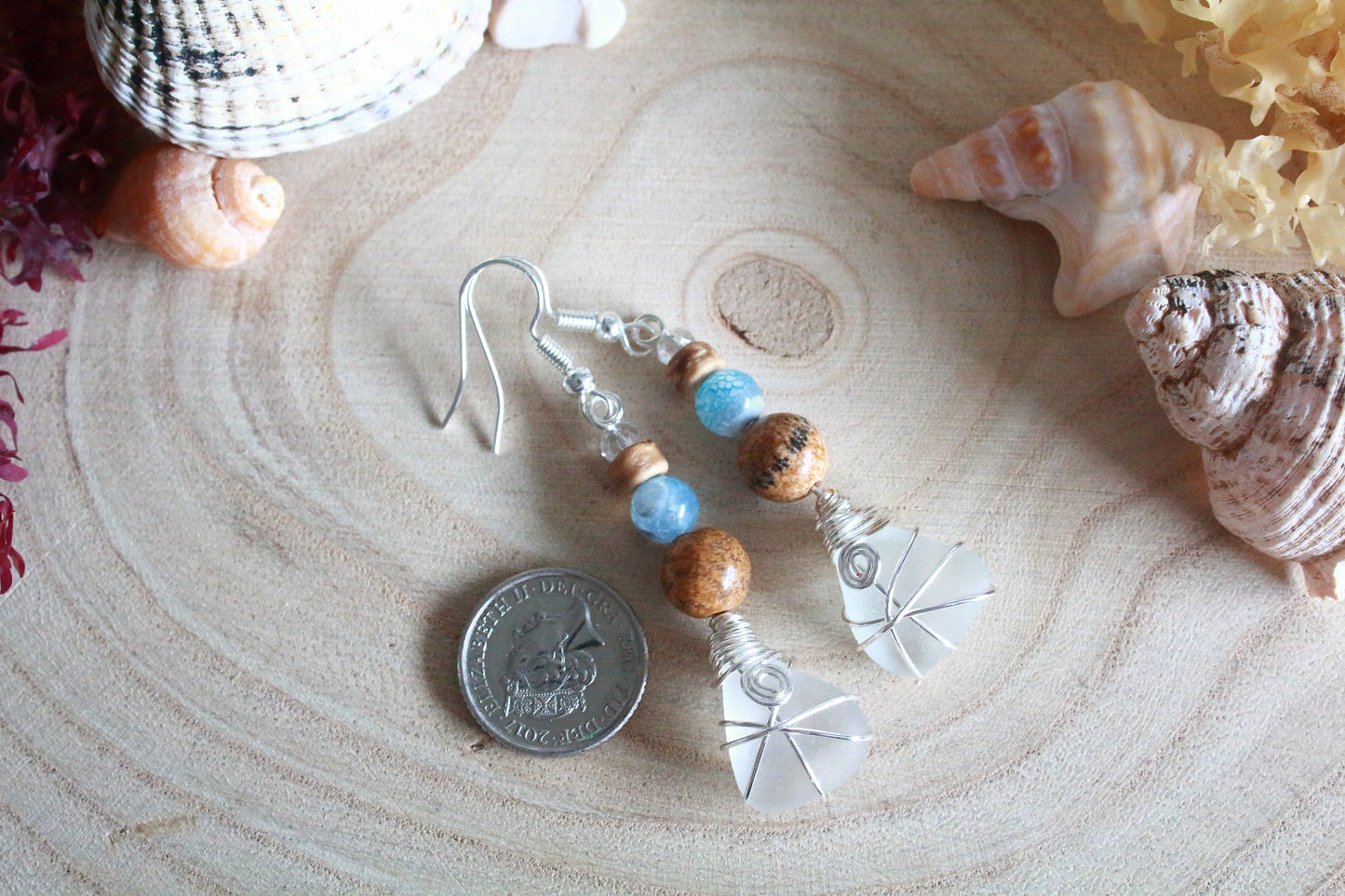 Sea & Sand Frosted White Irish Sea Glass Blue Beaded Earrings