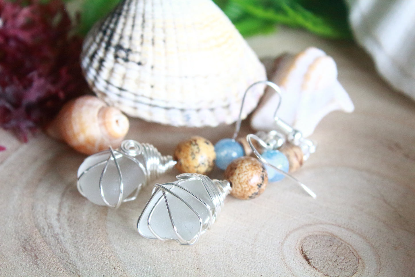 Sea & Sand Frosted White Irish Sea Glass Blue Beaded Earrings