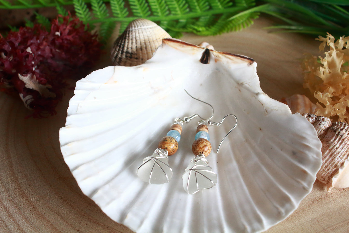 Sea & Sand Frosted White Irish Sea Glass Blue Beaded Earrings