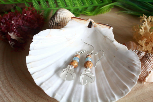 Sea & Sand Frosted White Irish Sea Glass Blue Beaded Earrings