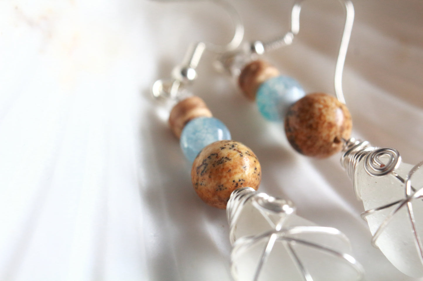 Sea & Sand Frosted White Irish Sea Glass Blue Beaded Earrings