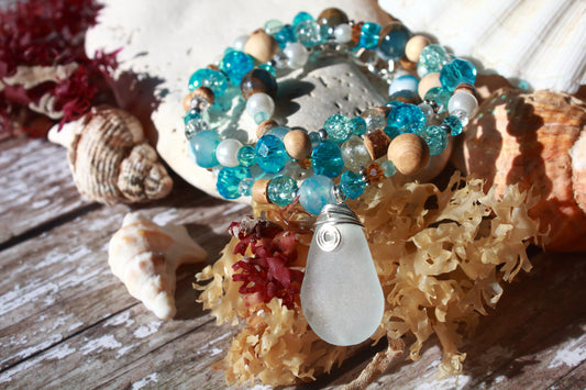 Ocean & Beach Blue Irish Sea Glass Beaded Necklace