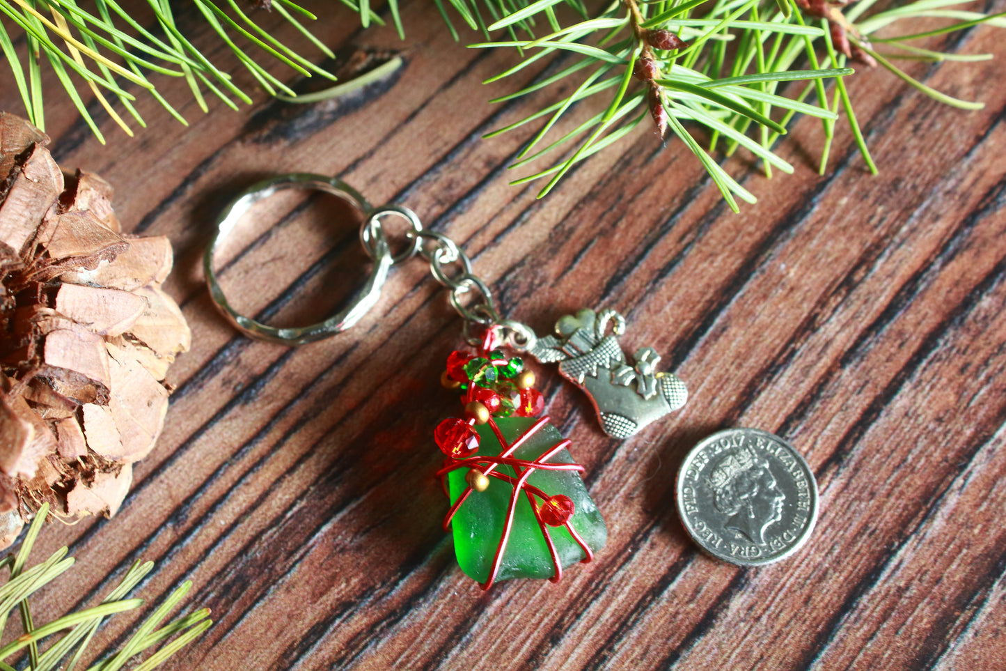 Christmas Sea Glass Beaded Keyring