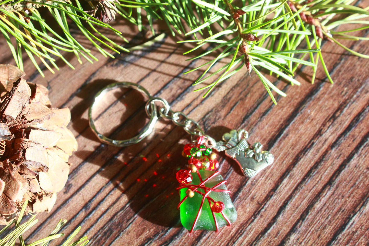 Christmas Sea Glass Beaded Keyring