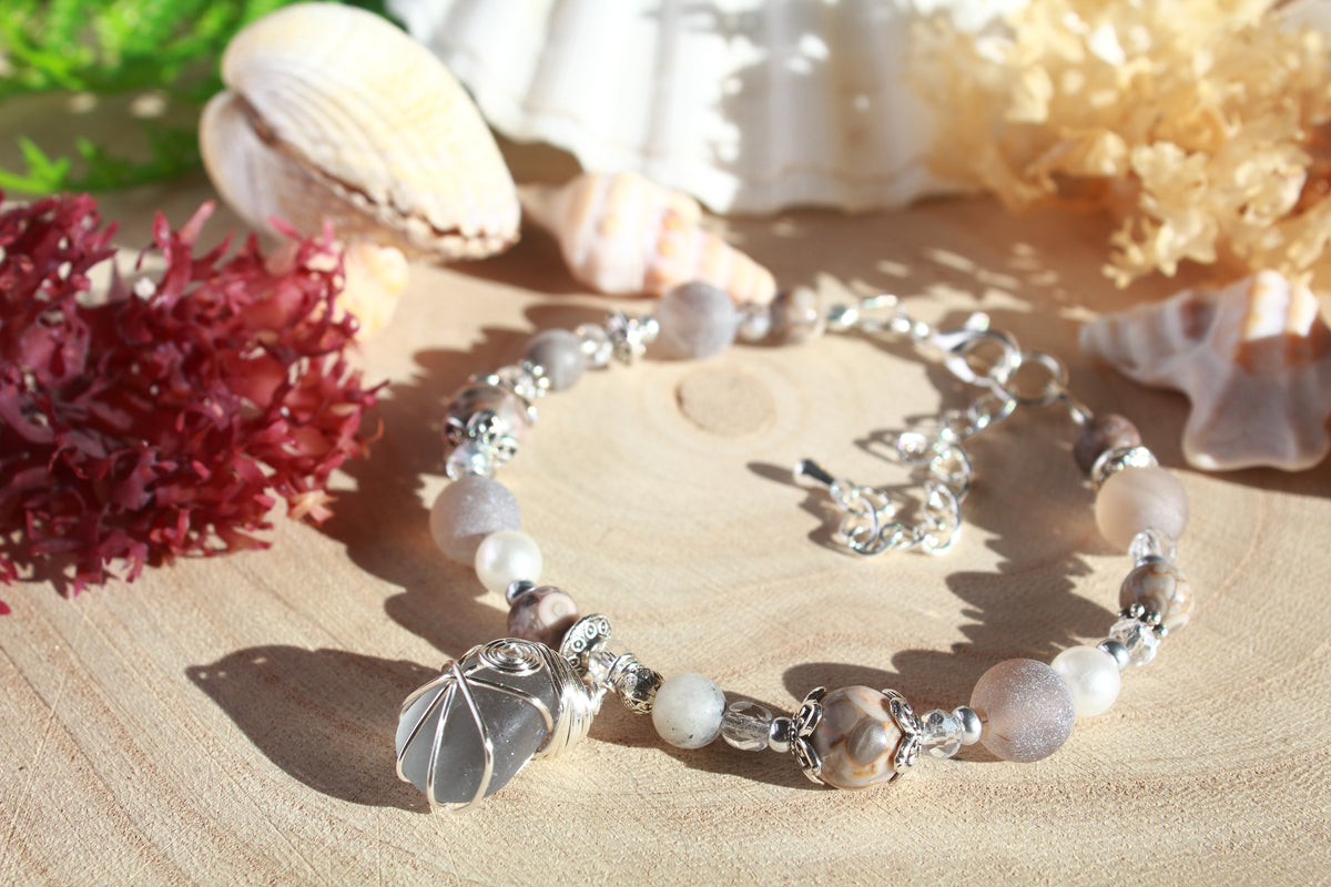 Light Grey Beaded Sea Glass Bracelet , Boho Irish Sea Glass Jewellery