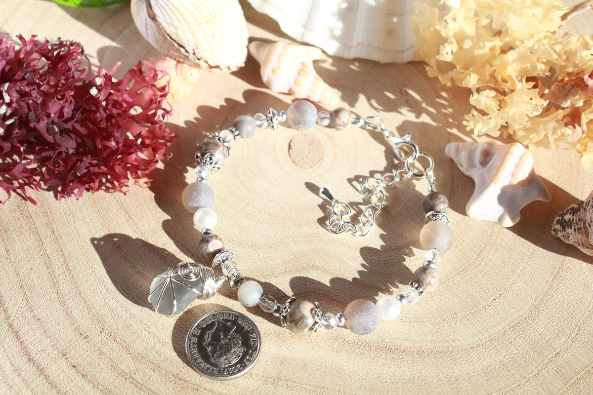 Light Grey Beaded Sea Glass Bracelet , Boho Irish Sea Glass Jewellery