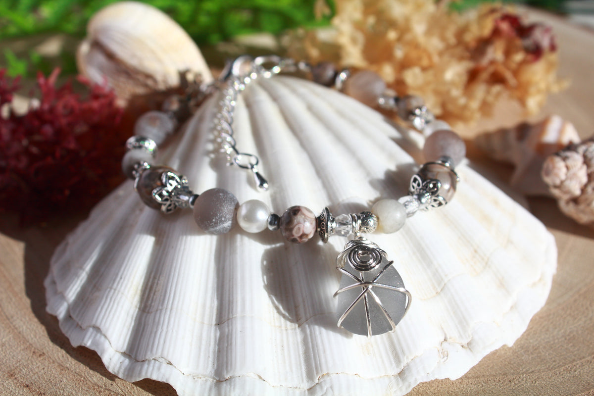 Light Grey Beaded Sea Glass Bracelet , Boho Irish Sea Glass Jewellery