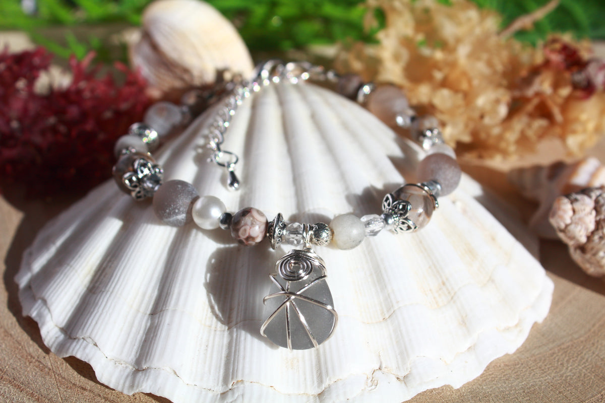 Light Grey Beaded Sea Glass Bracelet , Boho Irish Sea Glass Jewellery