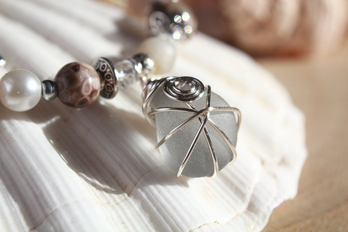 Light Grey Beaded Sea Glass Bracelet , Boho Irish Sea Glass Jewellery