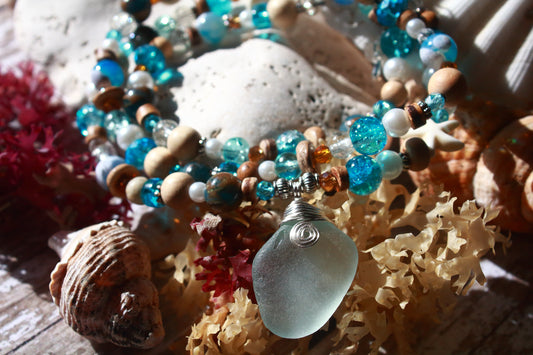 Ocean & Beach Blue Irish Sea Glass Beaded Necklace