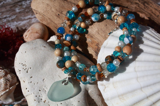 Ocean & Beach Blue Irish Sea Glass Beaded Necklace