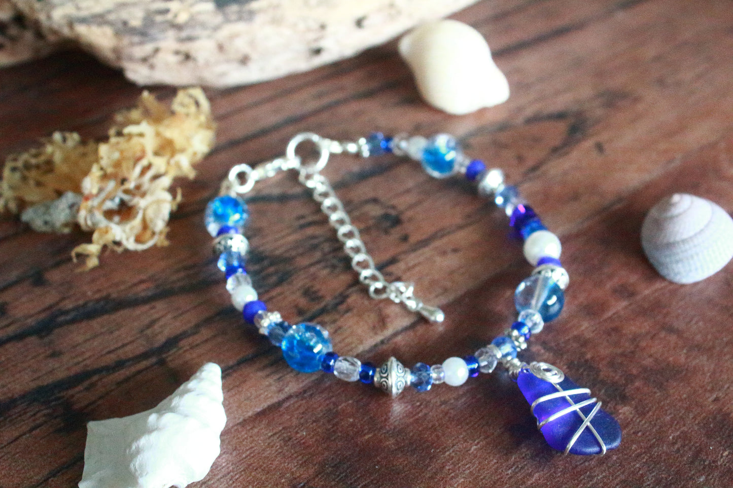 Sapphire Blue Beaded Pearl Sea Glass Silver Bracelet