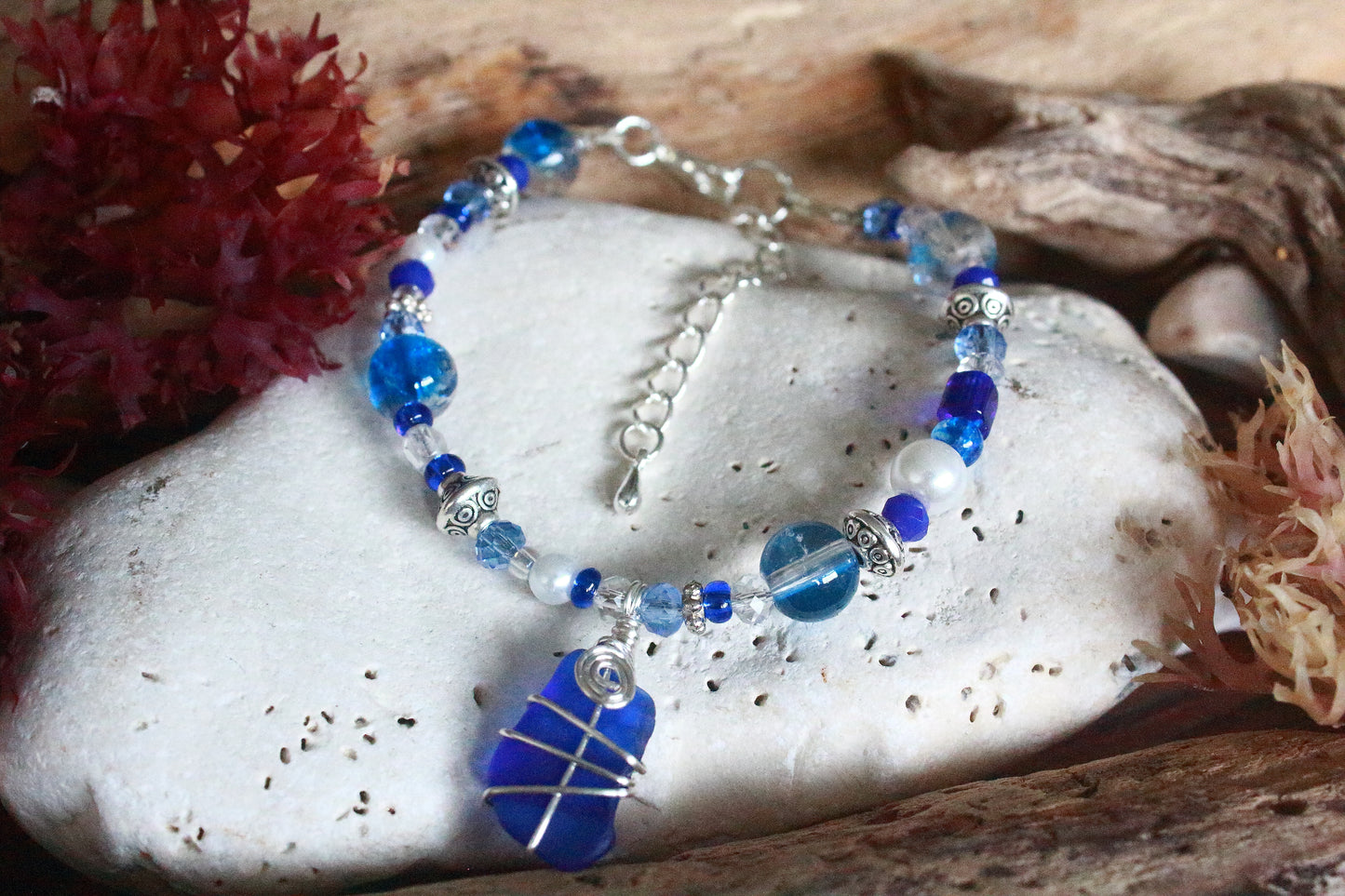 Sapphire Blue Beaded Pearl Sea Glass Silver Bracelet