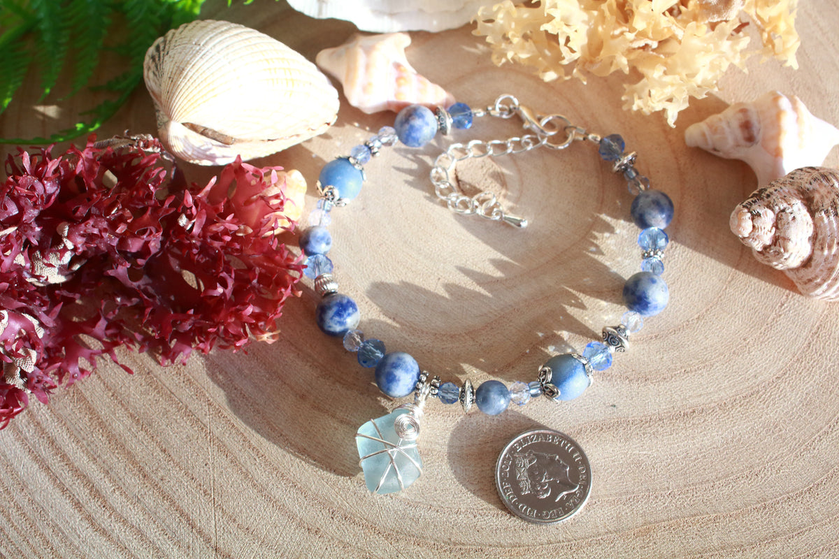 Pale Blue Beaded Sea Glass Bracelet , Boho Irish Sea Glass Jewellery