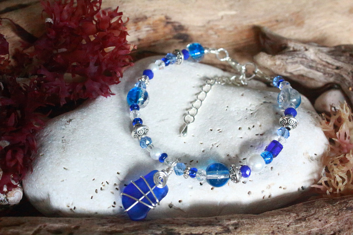 Sapphire Blue Beaded Pearl Sea Glass Silver Bracelet