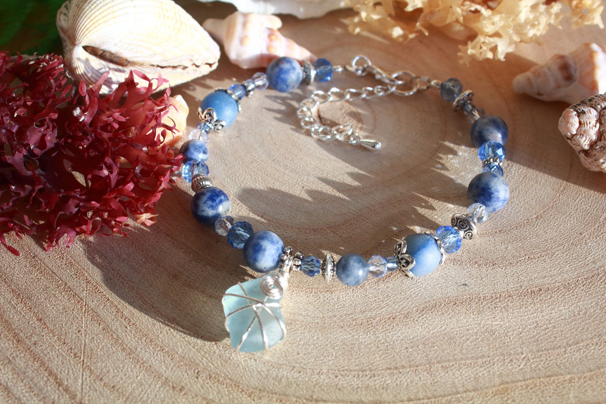 Pale Blue Beaded Sea Glass Bracelet , Boho Irish Sea Glass Jewellery