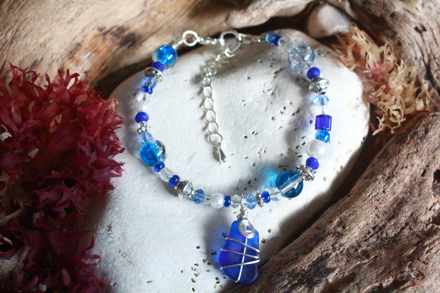 Sapphire Blue Beaded Pearl Sea Glass Silver Bracelet