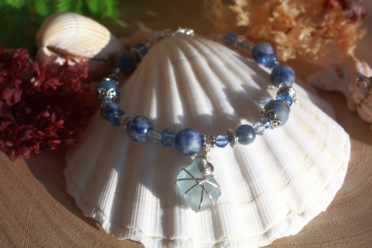 Pale Blue Beaded Sea Glass Bracelet , Boho Irish Sea Glass Jewellery