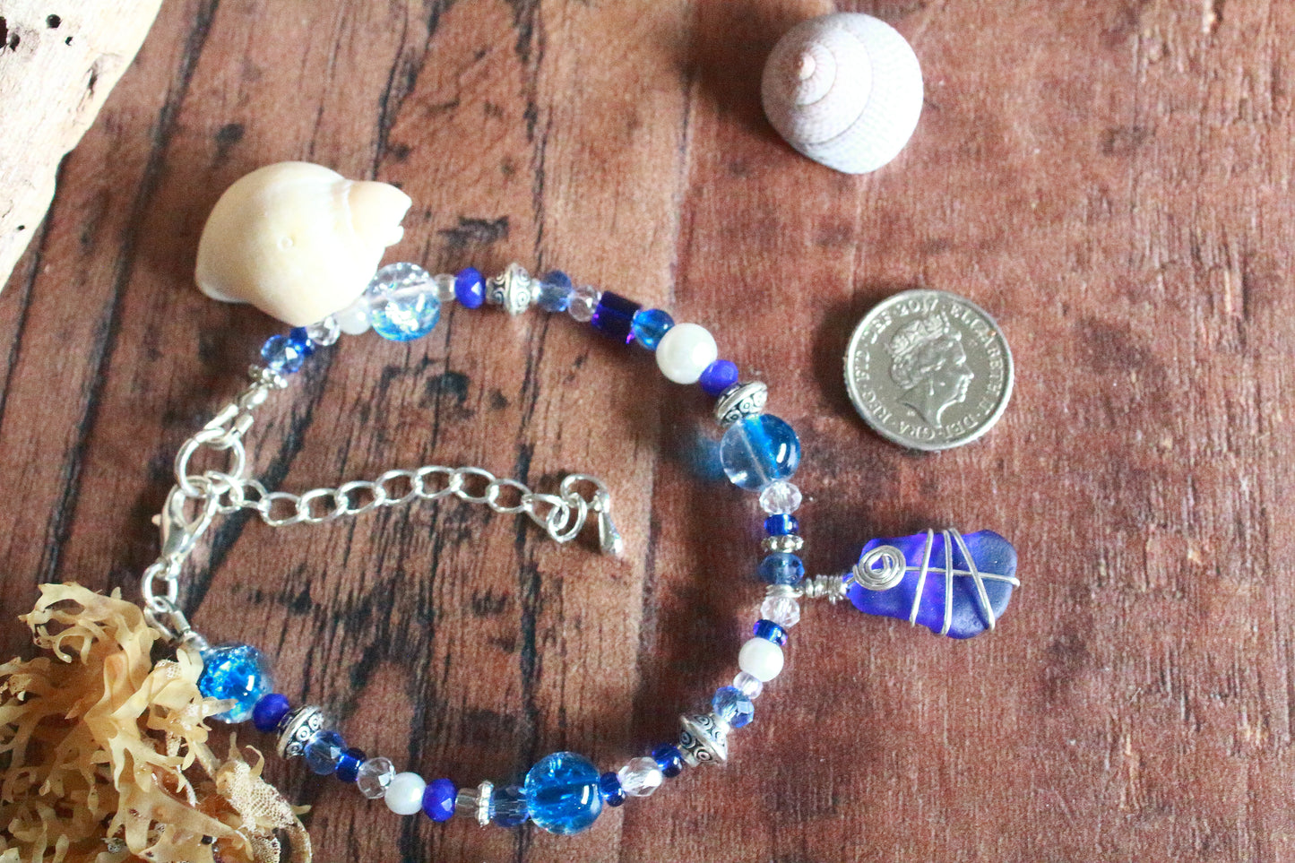 Sapphire Blue Beaded Pearl Sea Glass Silver Bracelet