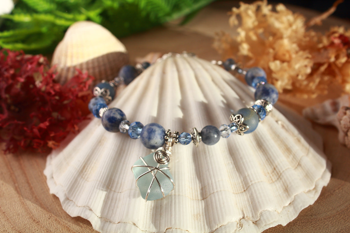 Pale Blue Beaded Sea Glass Bracelet , Boho Irish Sea Glass Jewellery