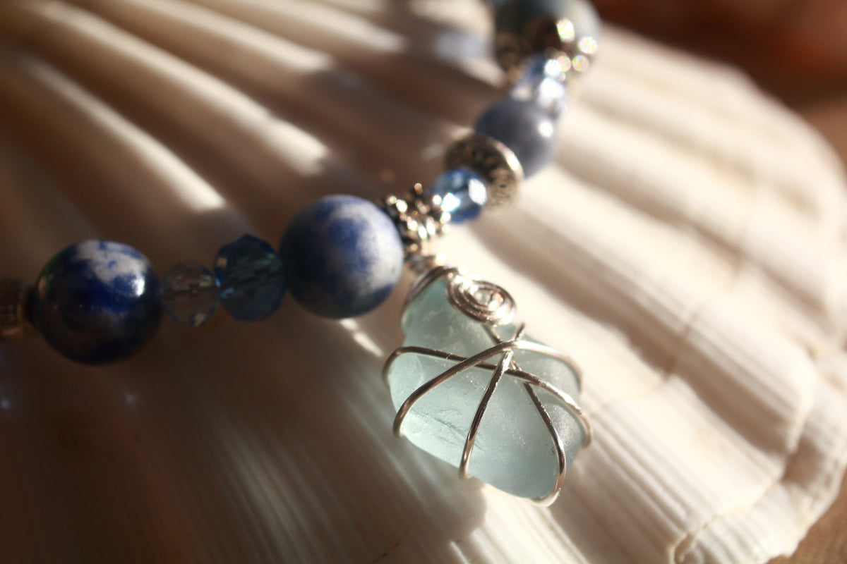 Pale Blue Beaded Sea Glass Bracelet , Boho Irish Sea Glass Jewellery