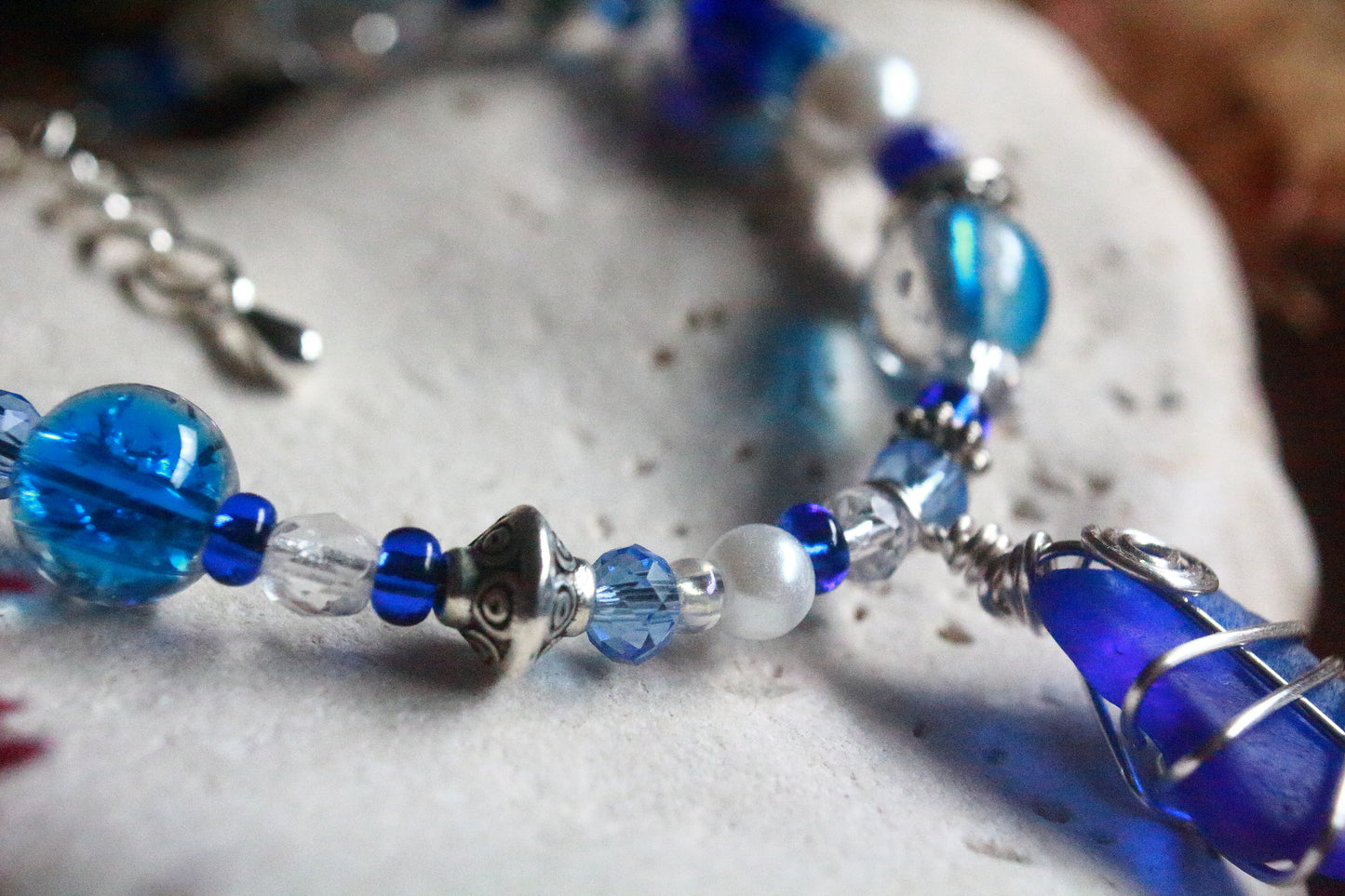 Sapphire Blue Beaded Pearl Sea Glass Silver Bracelet
