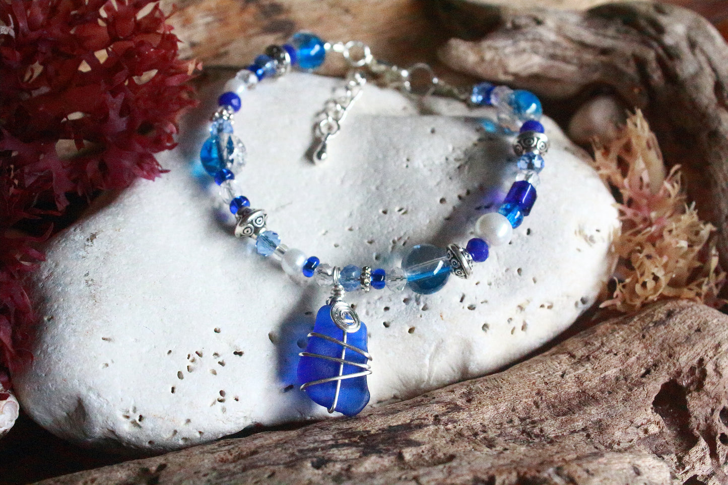 Sapphire Blue Beaded Pearl Sea Glass Silver Bracelet