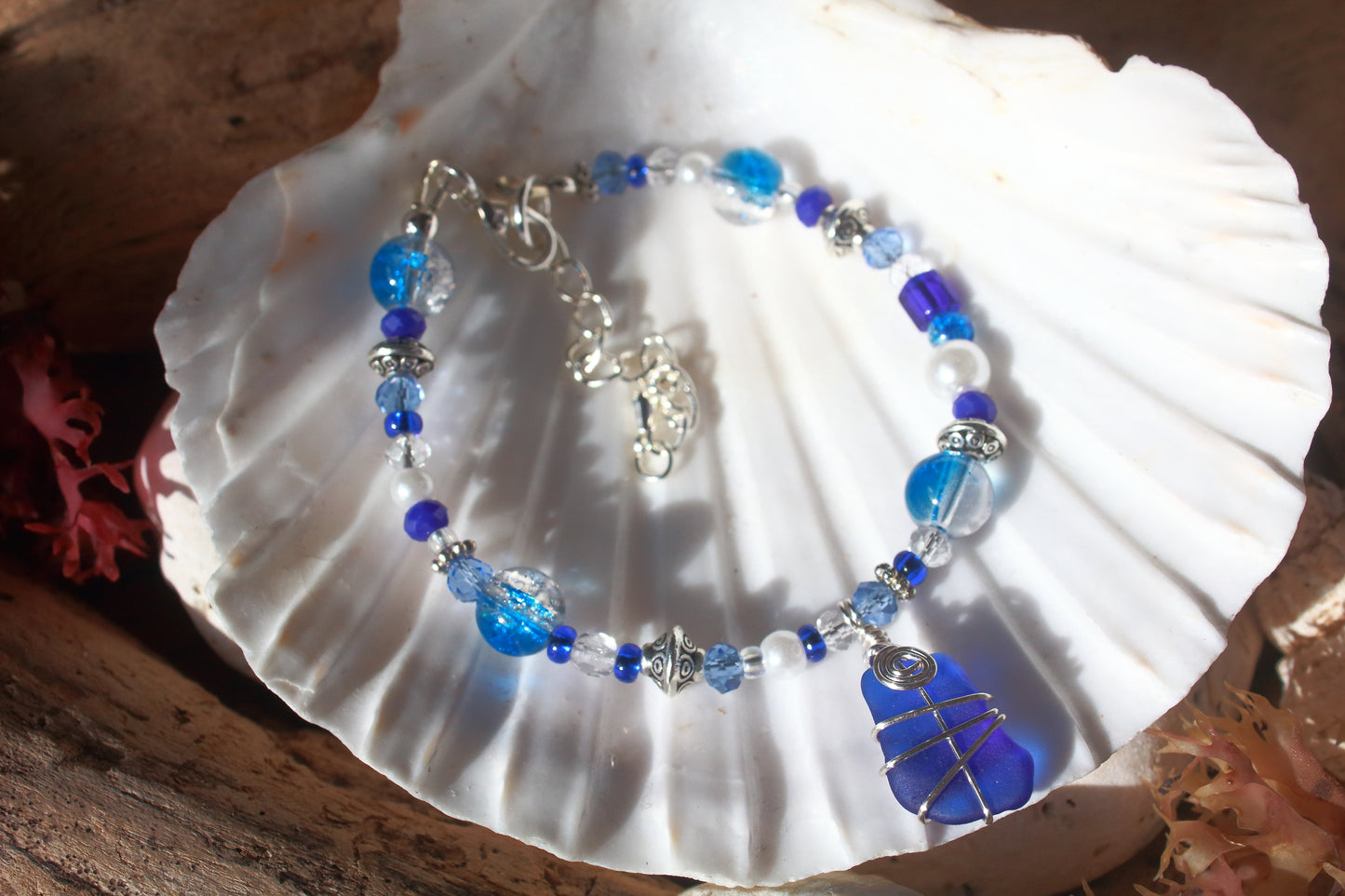 Sapphire Blue Beaded Pearl Sea Glass Silver Bracelet